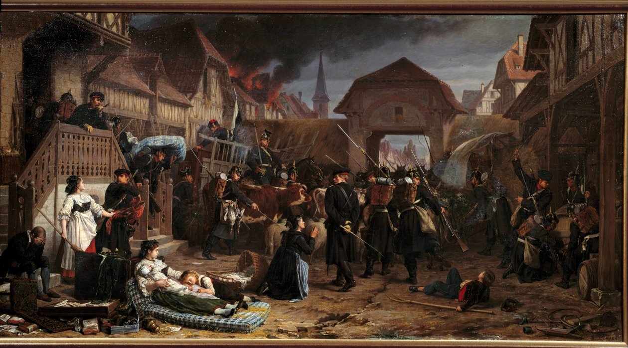 1870 års krig: "" Rekvisitionerna vid Reichshoffen"" Slaget vid Froeschwiller Woerth (Froeschwiller-Woerth) (eller slaget vid Reichshoffen) den 06/08/1870 såg Preussens seger - Målning av Benjamin Ullmann (1829-18184) 187 Nancy, Musee historique Lorrai av Benjamin Ullmann