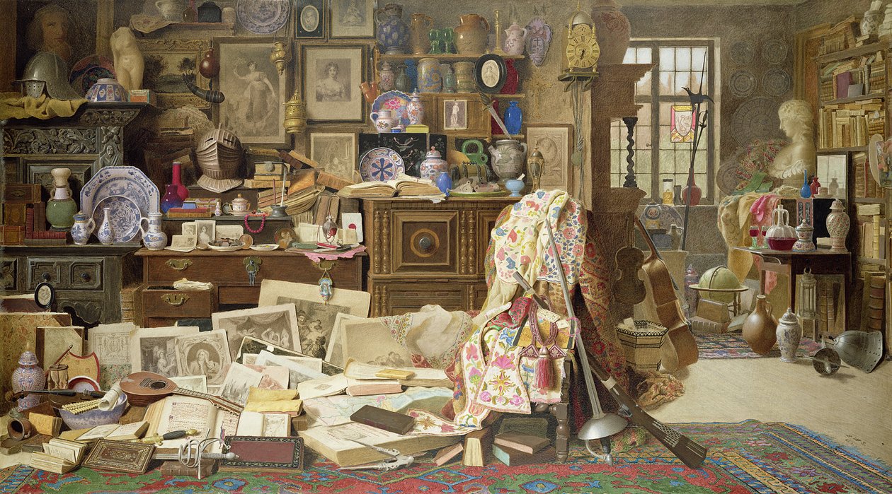 Pansar, tryck, bilder, rör, Kina (Alla Crackd) Gamla rangliga bord och stolar trasiga ryggar, 1882 (wc med kroppsfärg på papper) av Benjamin Walter Spiers