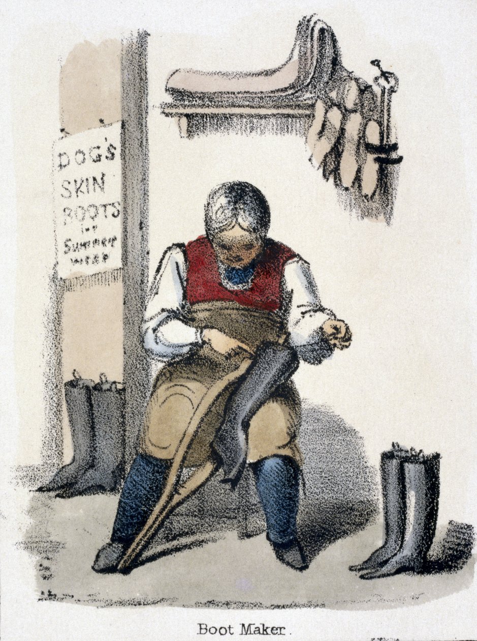 The Boot Maker, från The Dog in Graphic Illustrations of Animals - Visar deras nytta för människan i deras anställning under livet och användningen efter döden, ca 1845 av Benjamin Waterhouse Hawkins