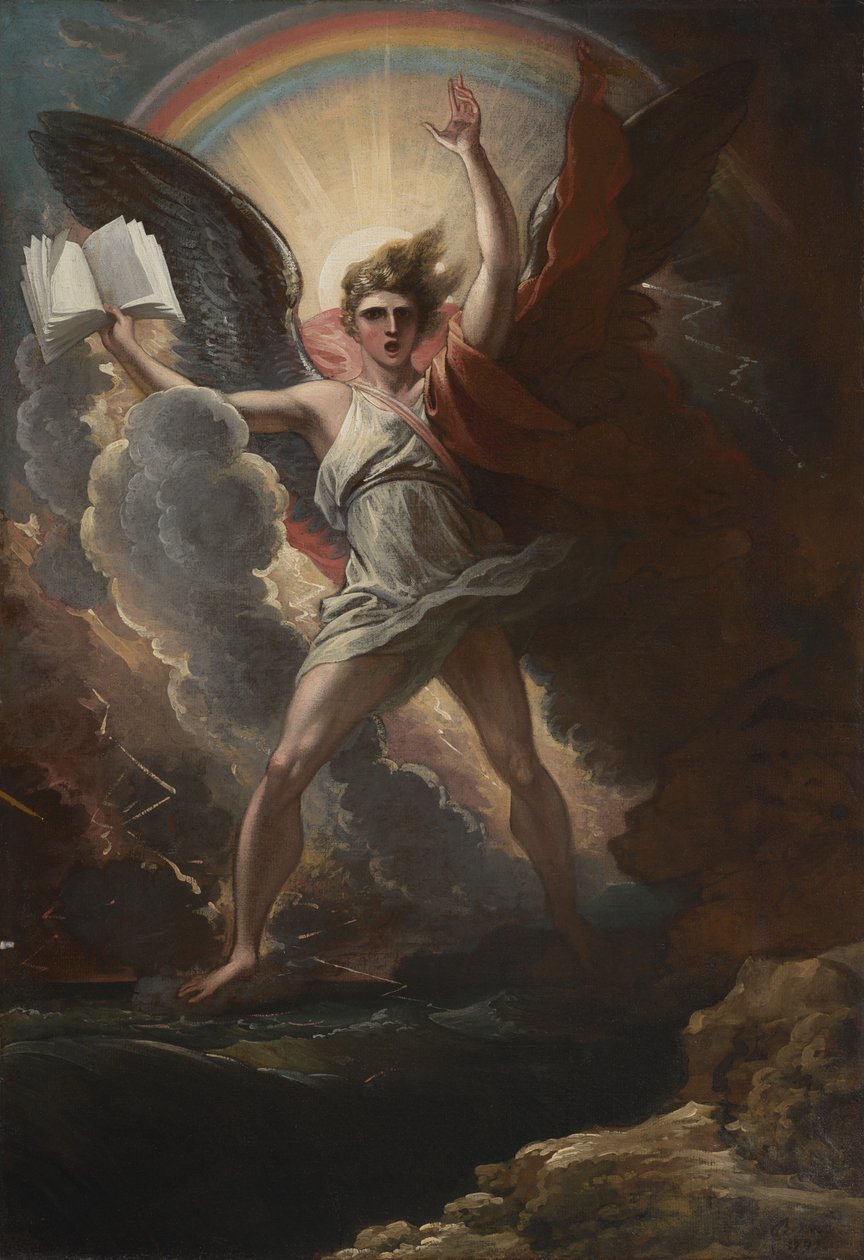 En mäktig ängel står på land och på havet av Benjamin West