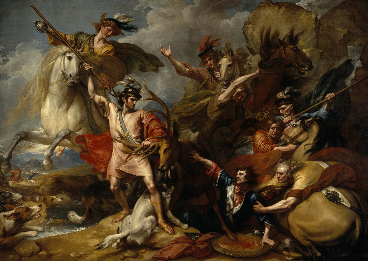 Alexander III av Skottland räddad från en hjorts raseri genom Colin Fitzgeralds oräddhet ("Hjortens död") av Benjamin West