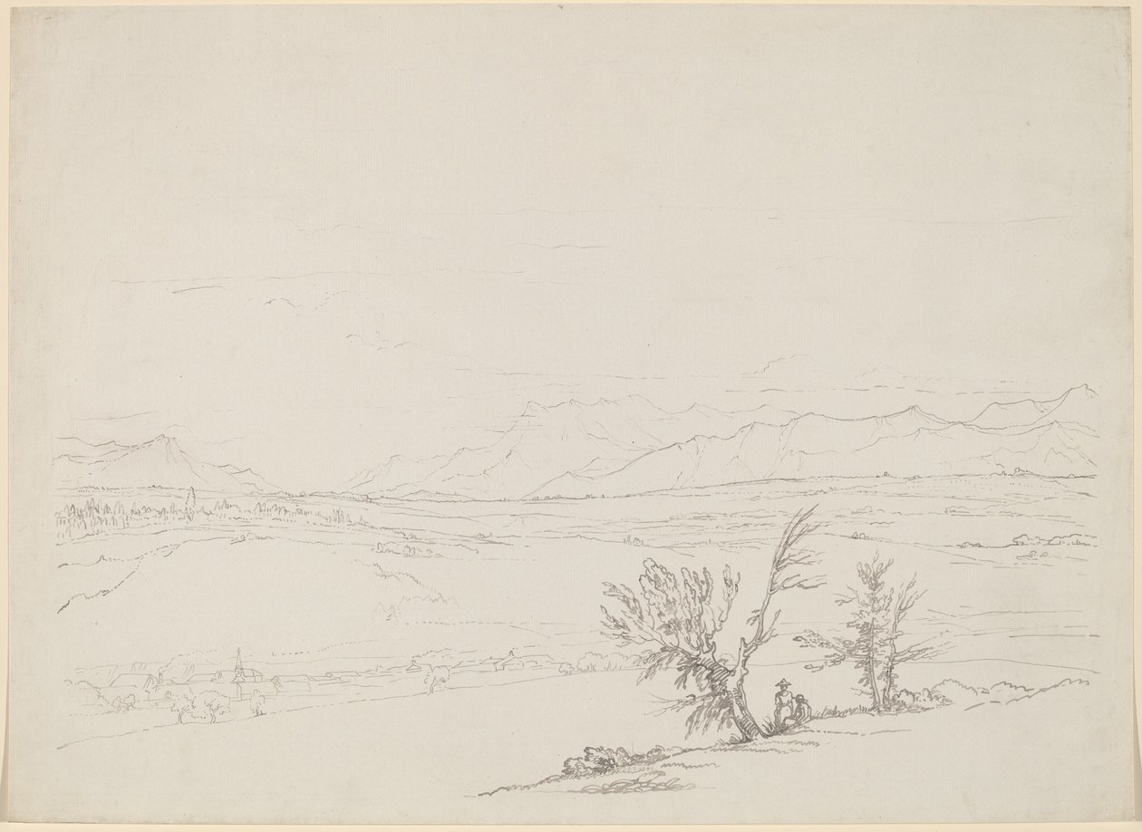 Ett alpint landskap med ett par som sitter vid träd med utsikt över en dal av Benjamin West