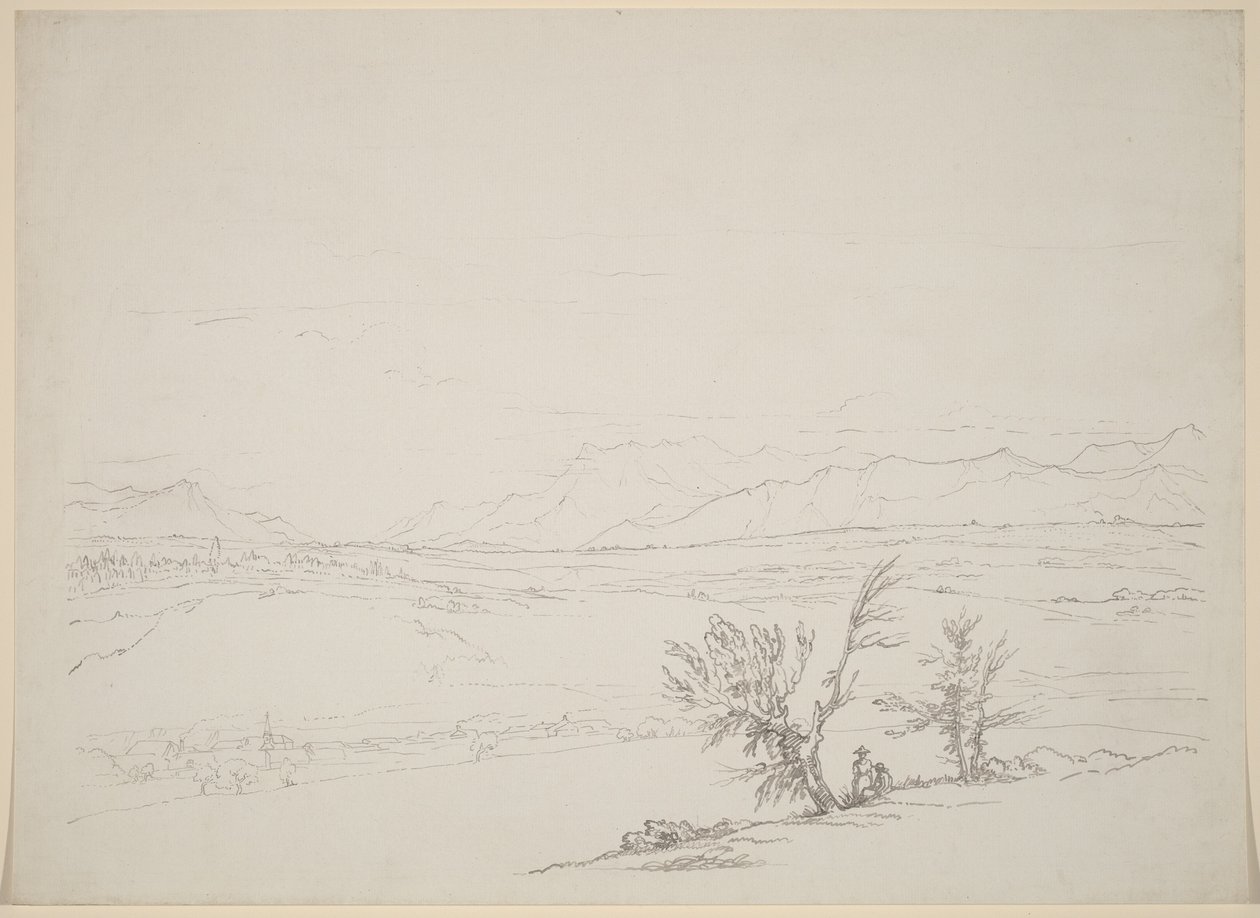 Ett alplandskap med ett par sittande vid träd med utsikt över en dal av Benjamin West