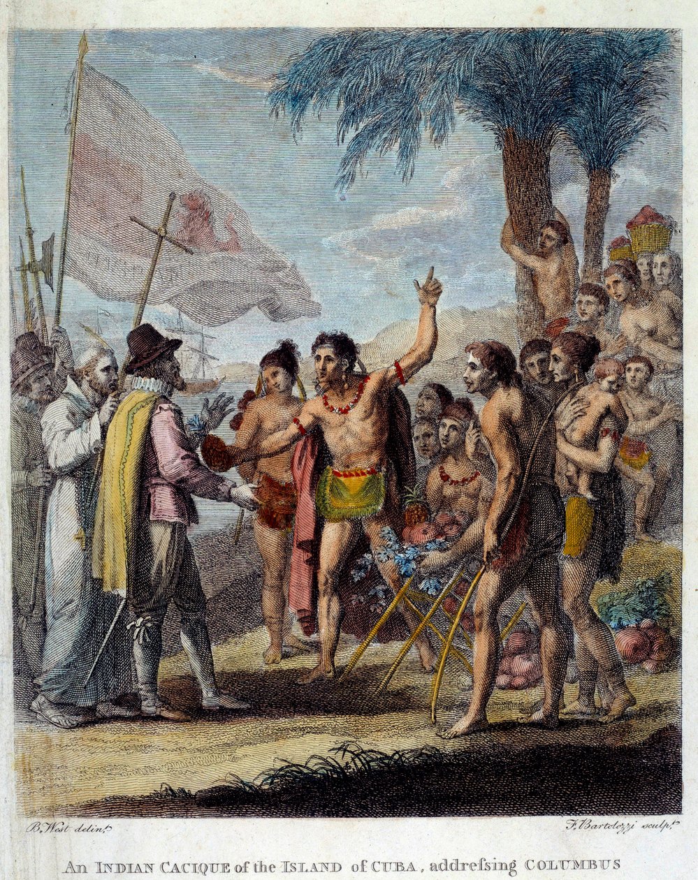 En indisk Cacique från ön Kuba välkomnar Christopher Columbus (1451-1506) och europeiska militära och kyrkliga företrädare för att diskutera skapandet av en ny stat. Frontispice av "Civil and Commercial History of the British Colonies of the W av Benjamin West