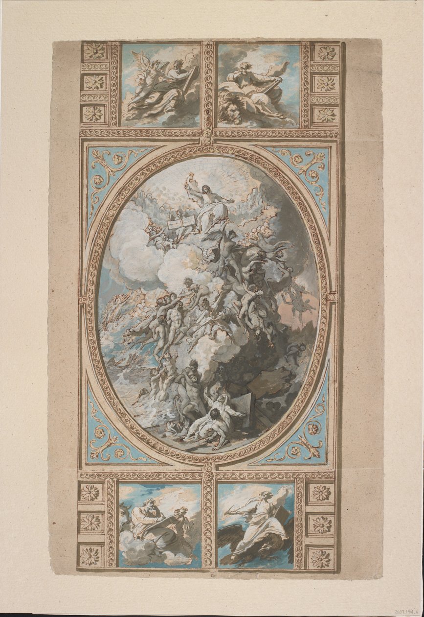Design för takdekorationen av Royal Chapel, Windsor Castle (recto), c.1779 (svart krita, penna & brunt bläck & akvarell, förhöjd med inslag av vit, grå & blå kroppsfärg & brun tvätt av Benjamin West