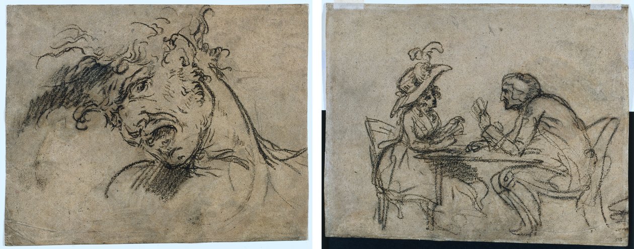 Chef för en skrikande man (recto) Kvinna och man som spelar kort (verso) av Benjamin West