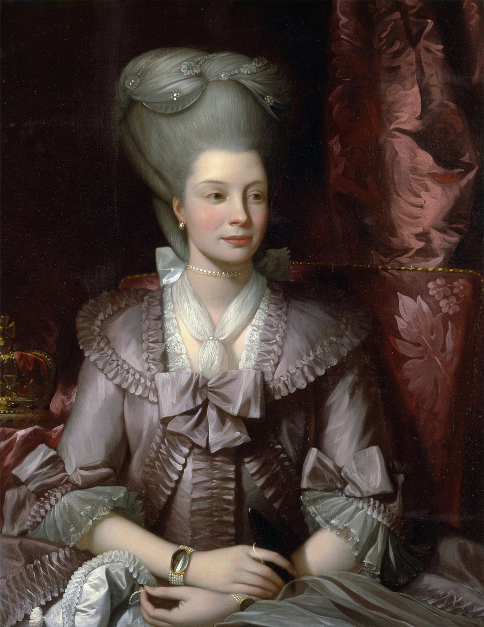 ""Drottning Charlotte (Sophia-Charlotte, Sophia Charlotte) av Mecklenburg Strelitz (1744-1818), fru till George III av England"" - piantering av West, Benjamin (1738-1820) Drottning Charlotte av Storbritannien (1744 -1818) ) Olja på duk 1777 Yale Universi av Benjamin West
