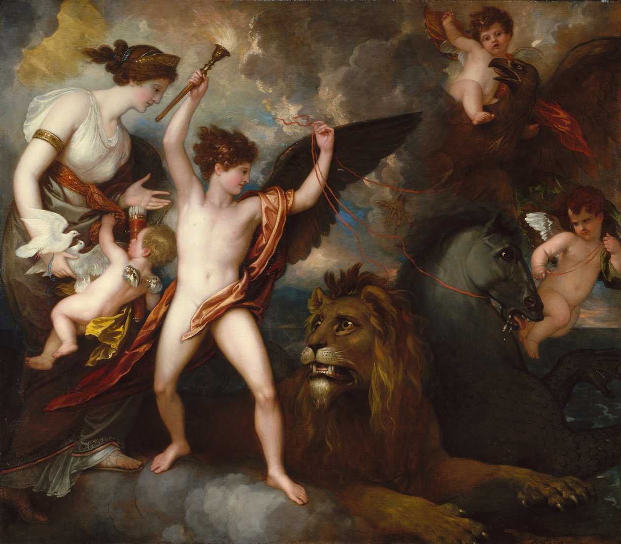Omnia Vincit Amor, eller kärlekens kraft i de tre elementen av Benjamin West