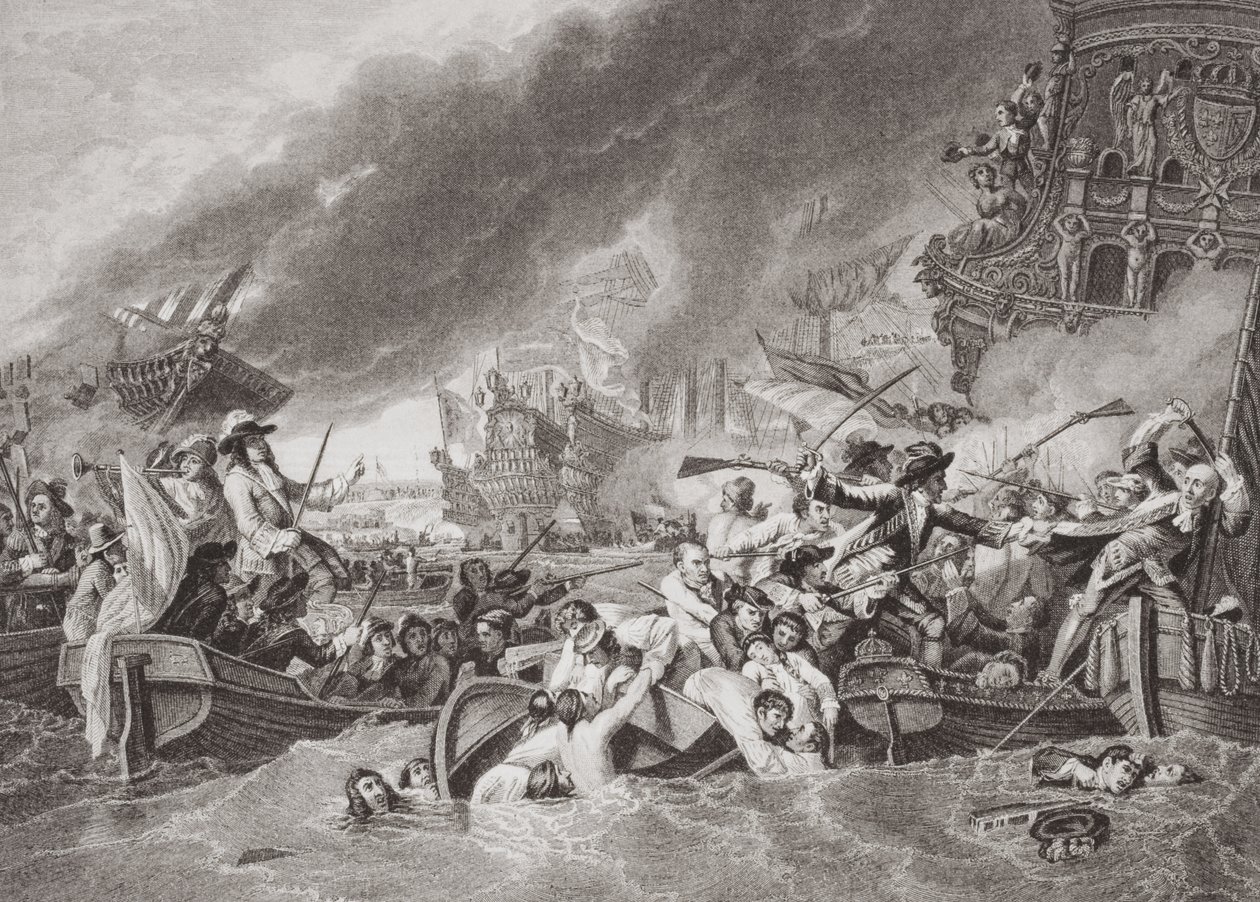 Slaget vid La Hogue, förstörelse av den franska flottan, 22 maj 1692, från "Illustrationer av engelsk och skotsk historia" volym II av Benjamin West