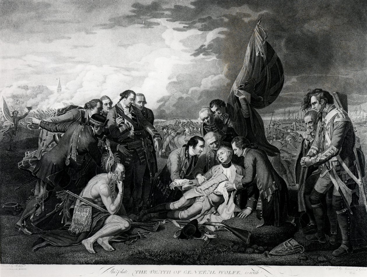 General Wolfes död (1727-59) 1759, graverad av Augustin Legrand (gravyr) (bundw-foto) (se även 105409, 124902 och 153197) av Benjamin West