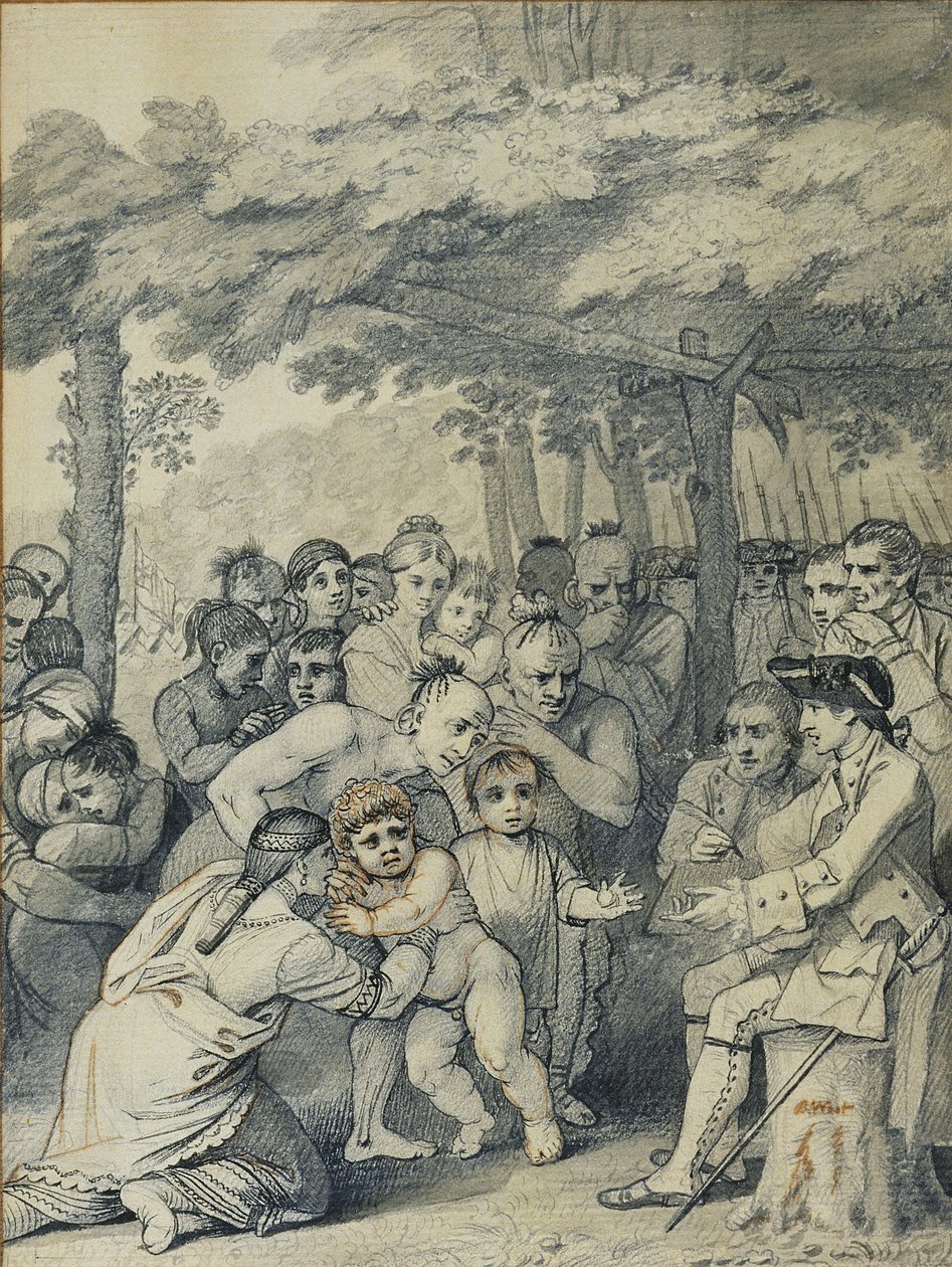 Indianerna överlämnar de engelska fångarna till överste Bouquet nära hans läger vid Muskingums folk i Nordamerika i november 1764, ca 1769 (bläck och tvätt på papper) av Benjamin West