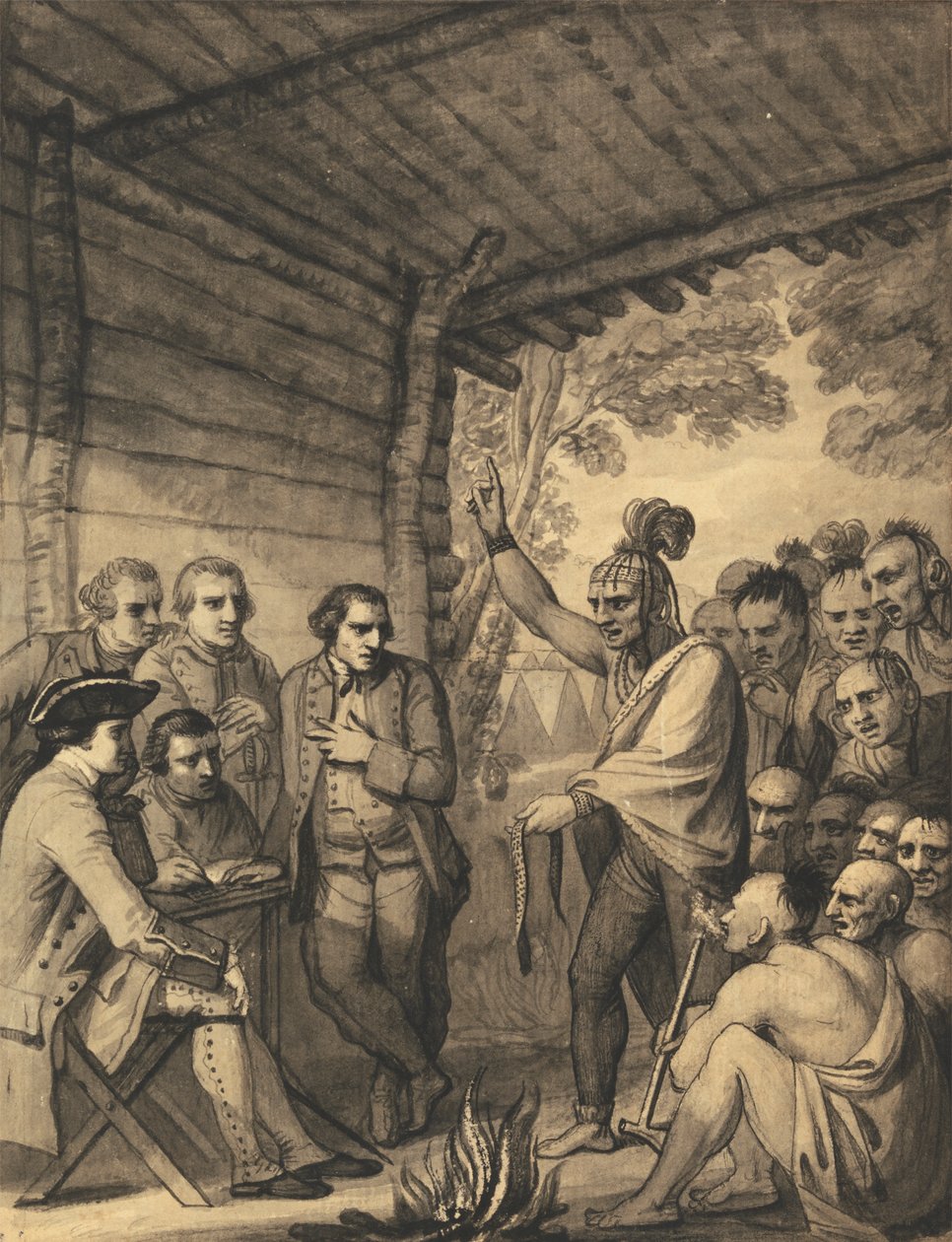 Indianerna håller ett föredrag till överste Bouquet i en konferens vid en rådsbrand nära hans läger på stranden av Muskingum i Amerika, i oktober 1764, 1765 av Benjamin West