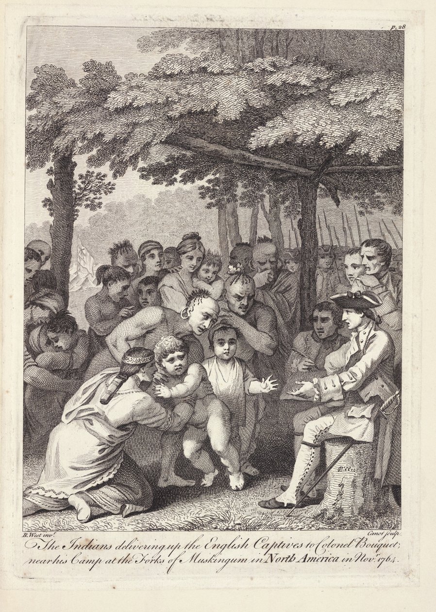 Indianerna överlämnade de engelska fångarna till överste Bouquet nära hans läger vid Forks of Muskingham i Nordamerika i november 1764 av Benjamin West