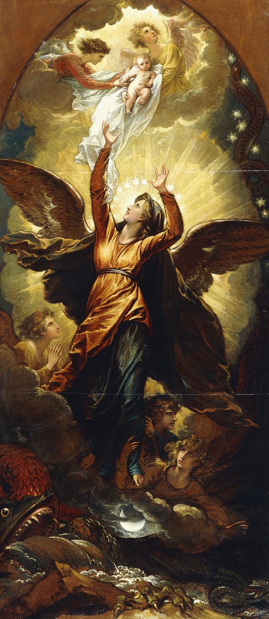 "Kvinnan klädd med solen flyr från drakens förföljelse", av Benjamin West