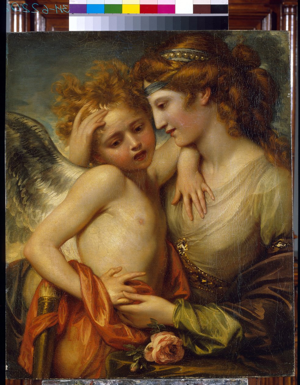 Venus tröstar Amor sticker av ett bi. (Venus konsulterar Amor stucken av ett bi). Målning av Benjamin West (1738-1820), olja på duk av Benjamin West