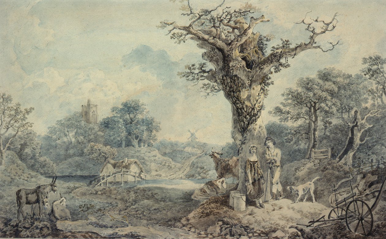 Landskap med figurer och boskap av Benjamin attr. to Barker