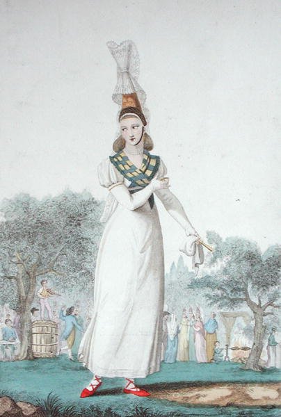 En Cauchoise i traditionell kostym för högtidsdagar, graverad av Gatine c.1830 (färg litho) av Benoit (after) Pecheux