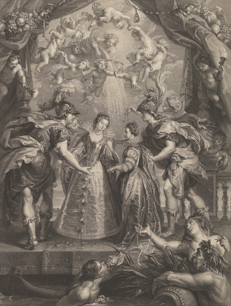 Plåt 17: Utbytet av de två prinsessorna i Hendaye, allegorisk scen med Anne av..., 1707-10 av Benoit Audran I