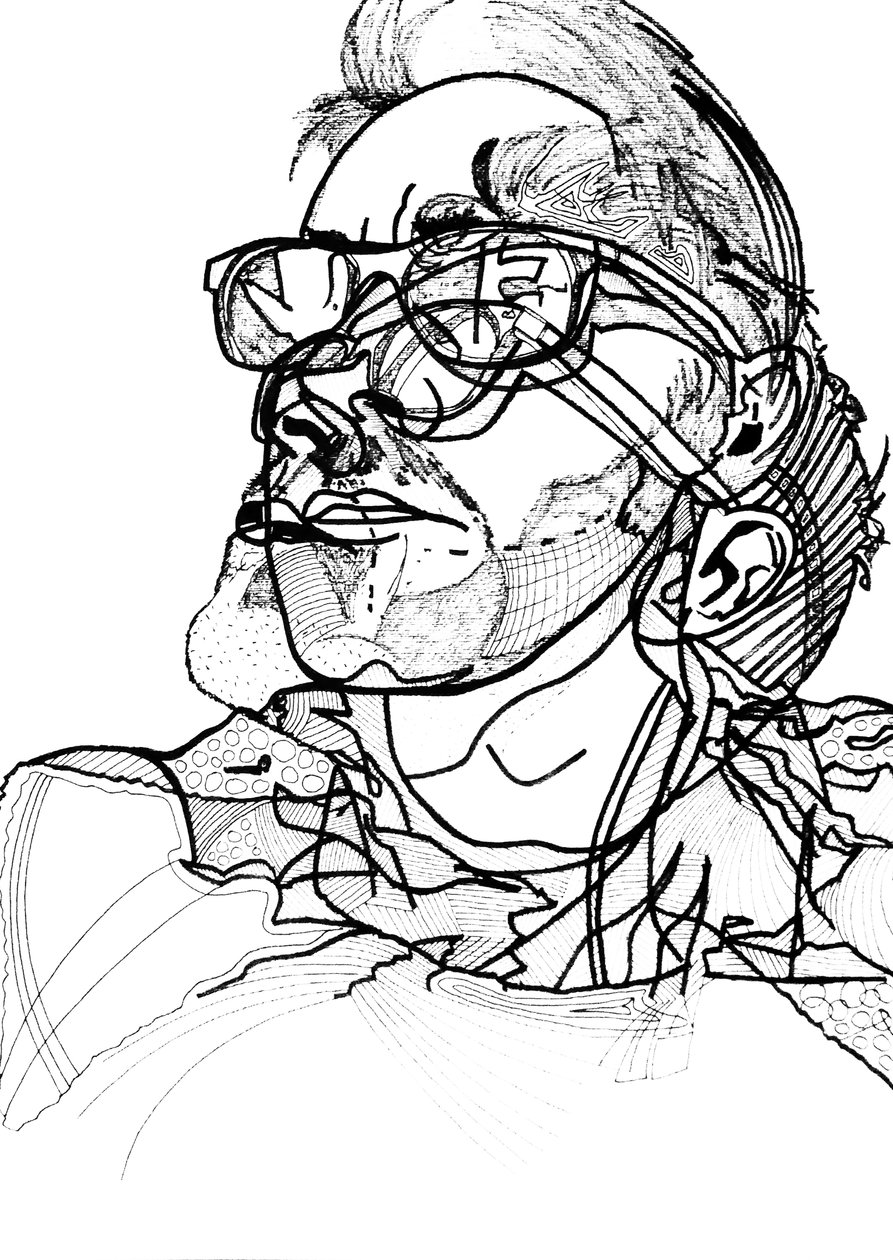 Double autoportrait, 2013 (olja, bläck och tryck på 2 bredvid varandra placerade och inramade dukar) av Benoit Erwann Boucherot