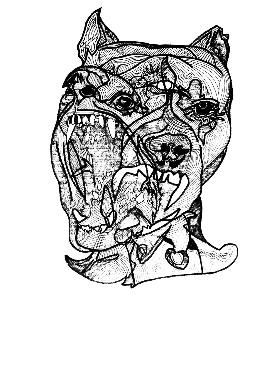 Double rottweiler, 2019 (tusch på papper) av Benoit Erwann Boucherot
