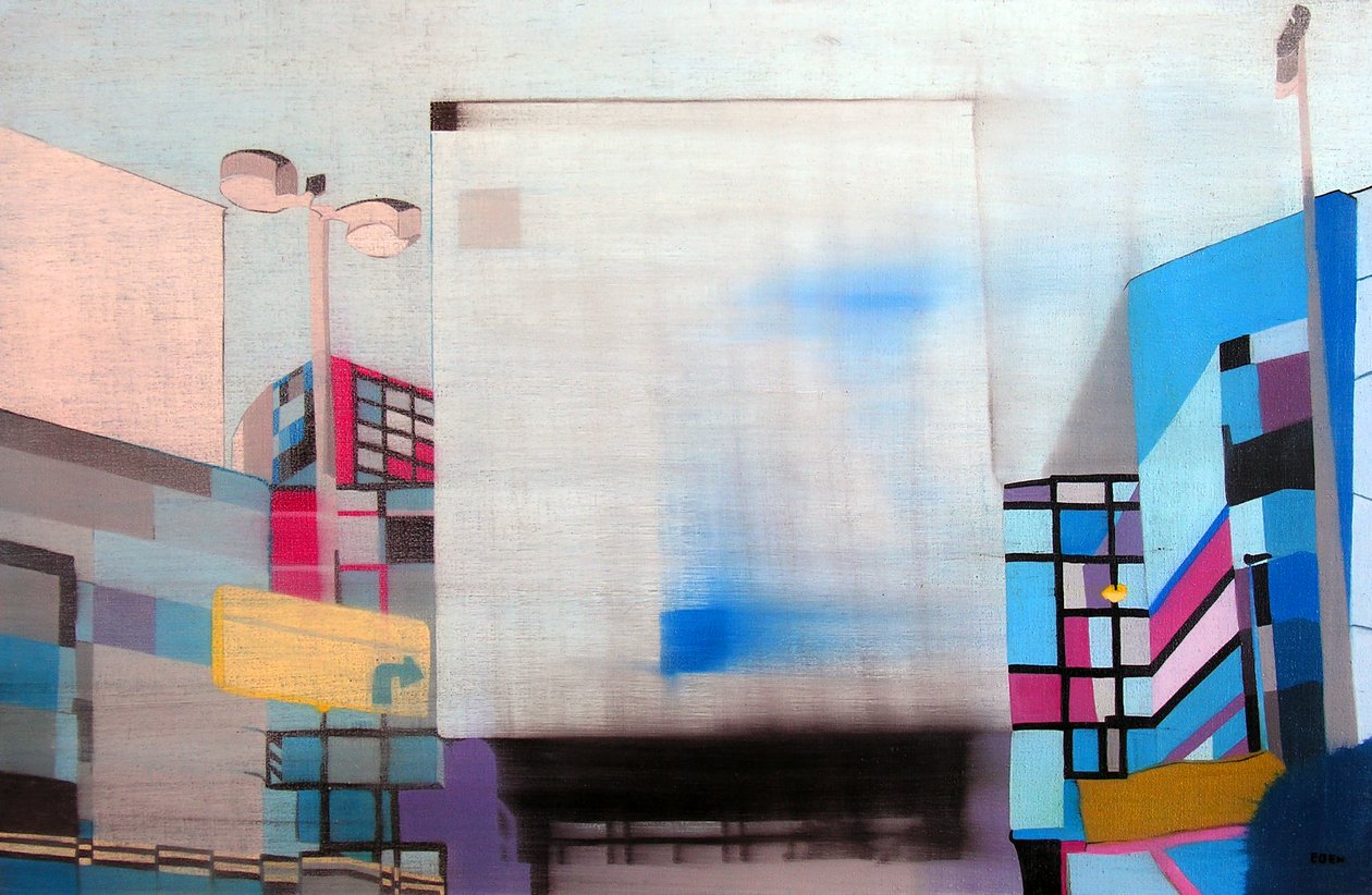 Downtown L.A. genom bilfönstret, 2003 (olja på 2 juxtaponerade dukar) av Benoit Erwann Boucherot