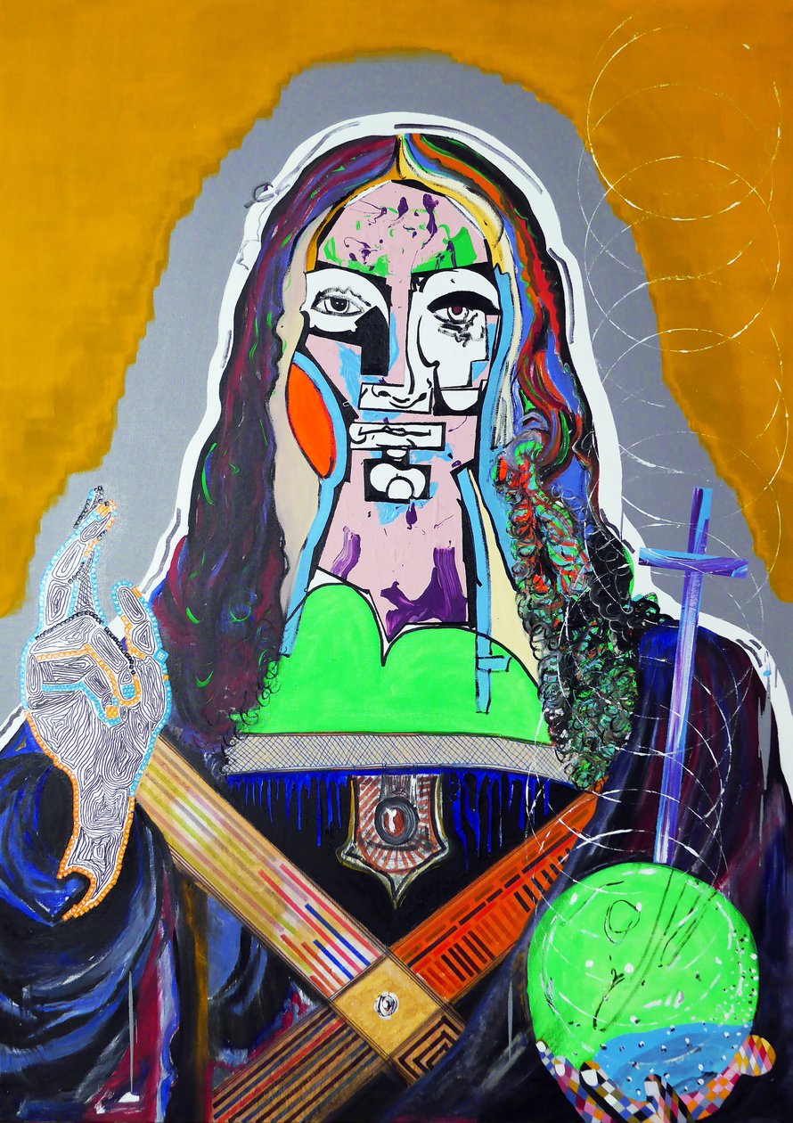Surpeinture : Salvator Mundi, 2020 (olja, papper och akryl på duk) av Benoit Erwann Boucherot