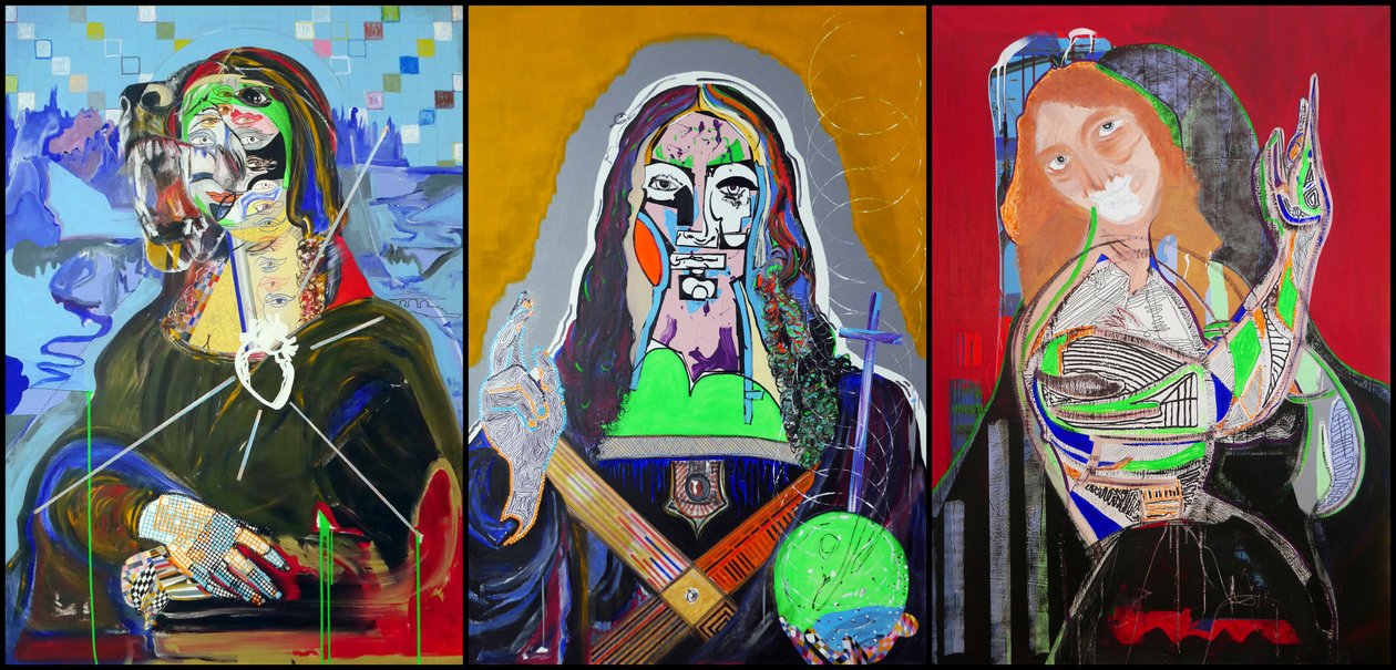 Triptyk efter Leonardo da Vinci, 2019 (olja, papper och akryl på 3 juxtaponerade dukar) av Benoit Erwann Boucherot