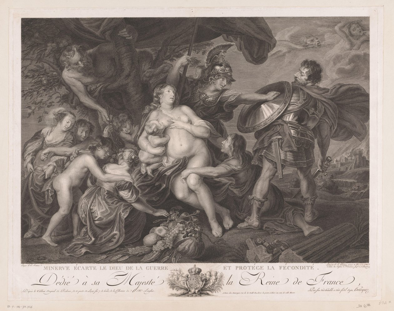 Minerva beschermt från Vruchtbaarheid tegen March Minerva avfärdar krigsguden och skyddar fertiliteten (titel på objekt) av Benoit Louis Henriquez