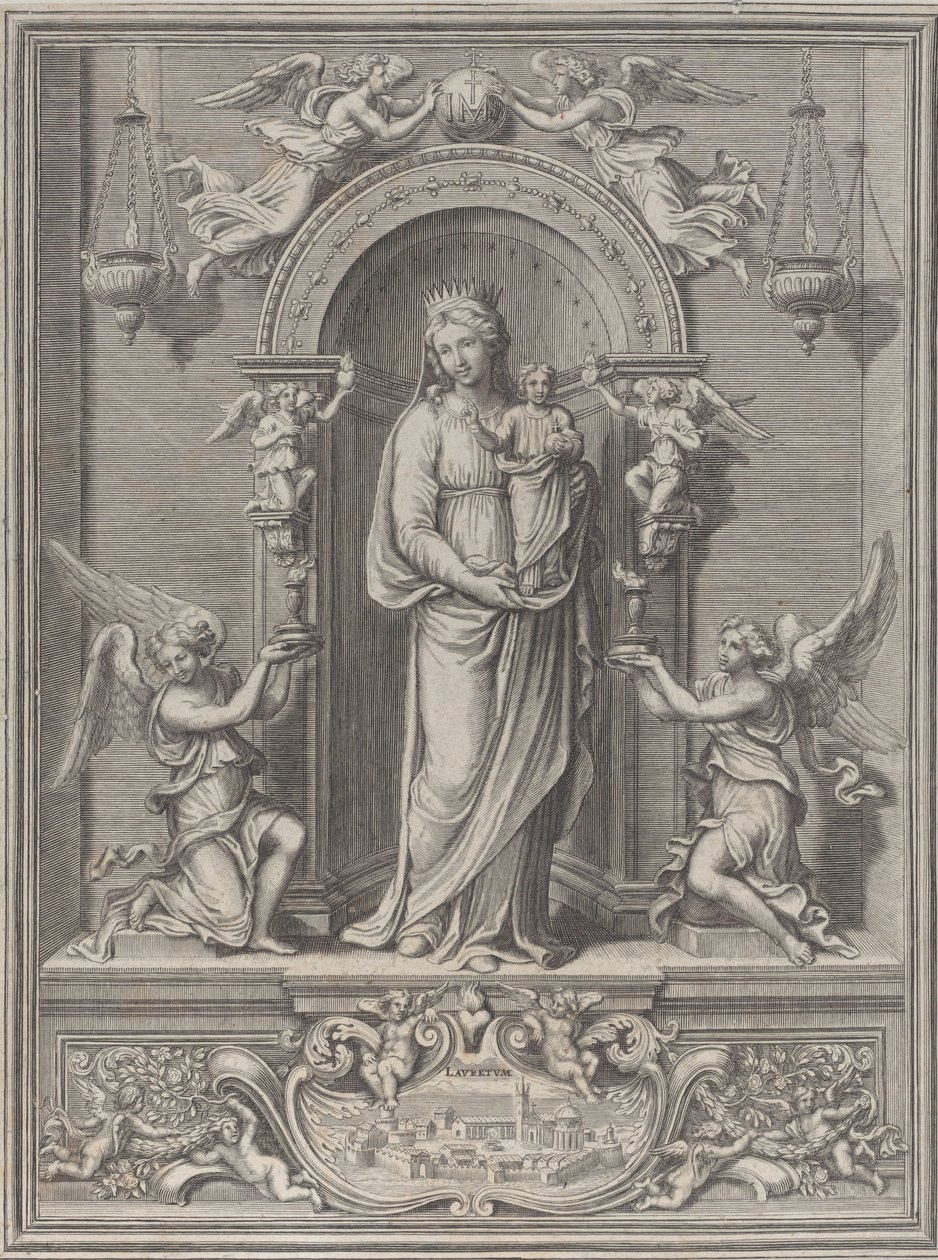 Madonna av Loreto, inom en nisch med en ängel på båda sidor, 1650-1724. av Benoît Farjat