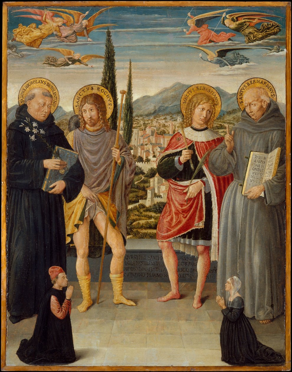 Saints Nicholas of Tolentino, Roch, Sebastian och Bernardino av Siena, med knästående donator av Benozzo di Lese di Sandro Gozzoli