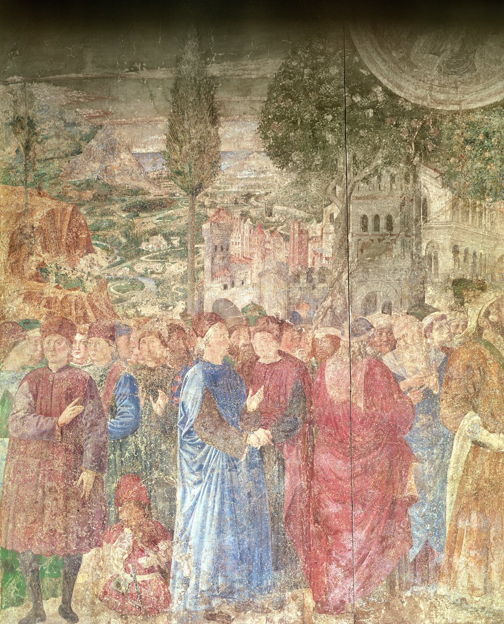 Byggnaden av Babels torn, detalj av Medicis hus som övervakar byggnadsarbetet, 1468-84 fresk av Benozzo di Lese di Sandro Gozzoli