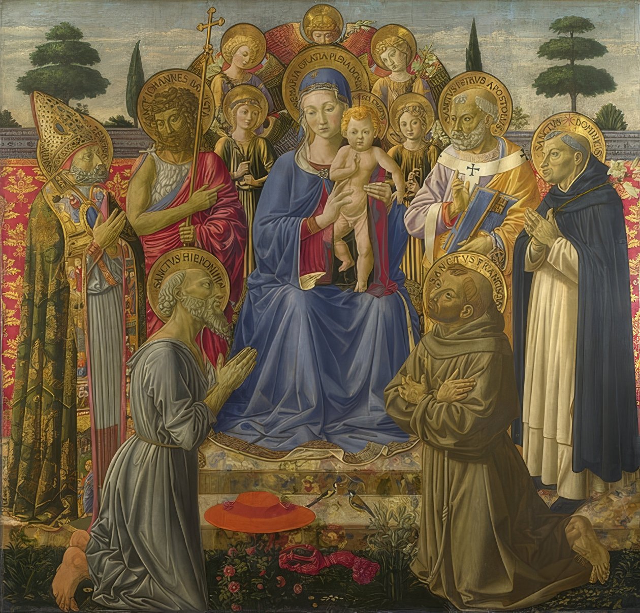 Madonna och barn omgivna av änglar och helgon. 1461-62 av Benozzo Gozzoli