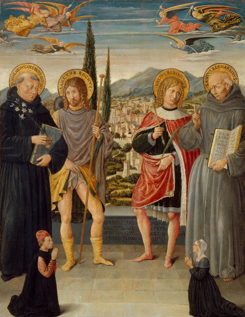 De heliga Nicholas av Tolentino, Roch, Sebastian och Bernardino av Siena..., 1481. av Benozzo Gozzoli