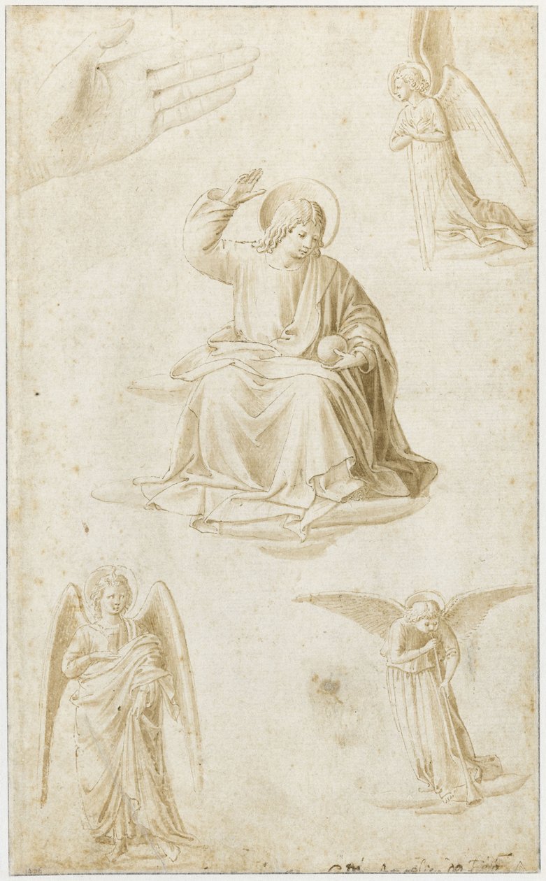 Studier av en hand, tre änglar och Kristus som Salvator Mundi, 1400-talets andra hälft av Benozzo Gozzoli