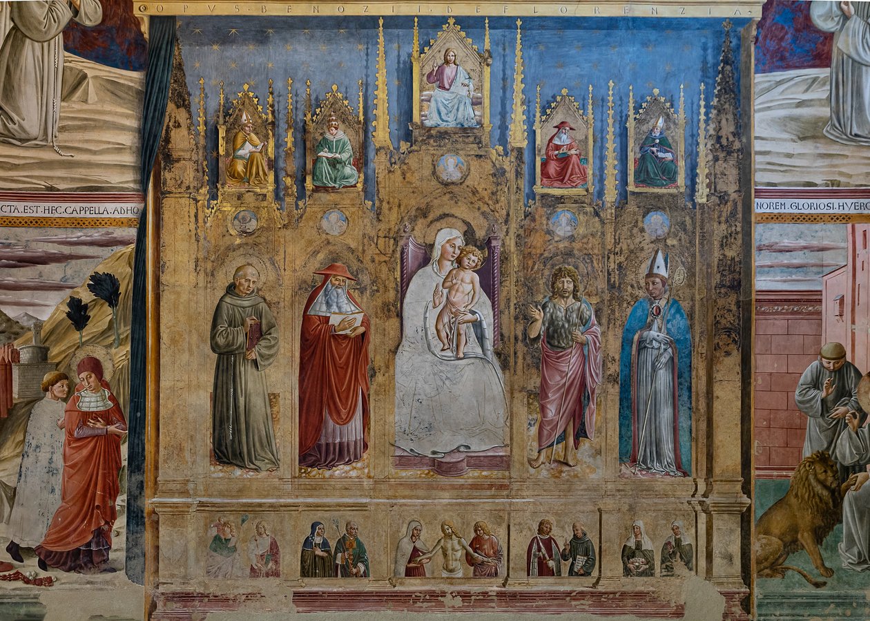 En falsk polyptyk med Jungfru Maria och barnet, S. Antonius av Padua, St. Hieronymus, St. Johannes och St. Louis av Toulouse, St. Hieronymus kapell av Benozzo di Lese di Sandro Gozzoli