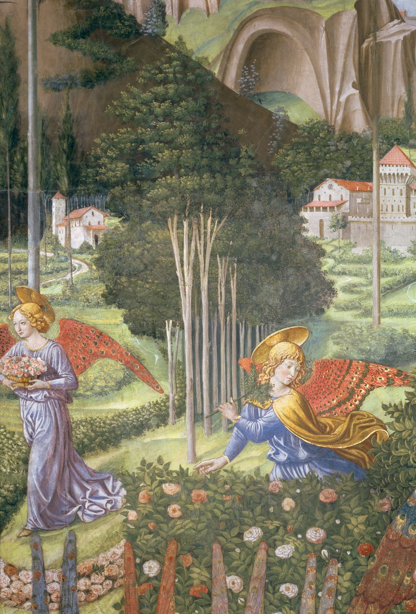 Ängel som samlar blommor i ett himmelskt landskap, detalj från cykeln Journey of the Magi i kapellet, ca 1460 freskdetalj av 70615 av Benozzo di Lese di Sandro Gozzoli