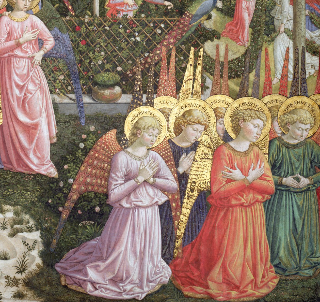Änglar i ett himmelskt landskap på den vänstra väggen i apsis, från cykeln med de vises resa i kapellet, ca 1460 (detalj av 70610) av Benozzo di Lese di Sandro Gozzoli