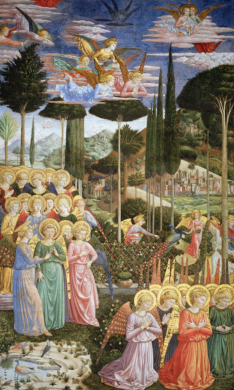 Änglar i ett himmelskt landskap, absidens vänstra vägg, från the Journey of the Magi-cykeln i kapellet c .1460 (för detaljer se 83051) av Benozzo di Lese di Sandro Gozzoli