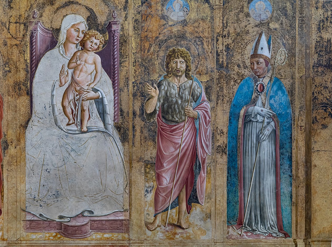 Detalj av en falsk polyptyk med Jungfru Maria och barnet, S. Antonius av Padua, St. John och St. Louis av Toulouse, St. Hieronymus kapell av Benozzo di Lese di Sandro Gozzoli