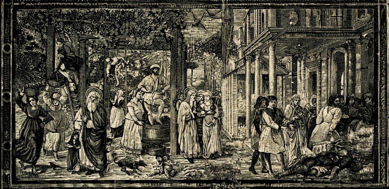 Grape Harvest and Drunkenness of Noah, fresk av Benozzo Gozzoli (cirka 1421-1497), Camposanto Monumentale (Monumental Cemetery), Pisa, Toscana, Italien, träsnitt från Le cento città d