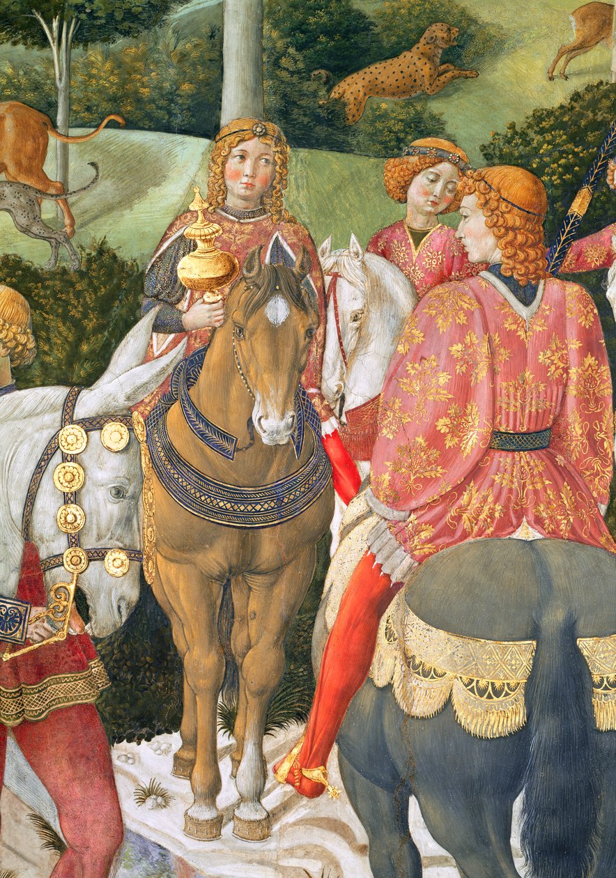 Ryttare i det kungliga följet, detalj från the Journey of the Magi-cykeln i kapellet, ca 1460 freskdetalj av 70601 av Benozzo di Lese di Sandro Gozzoli