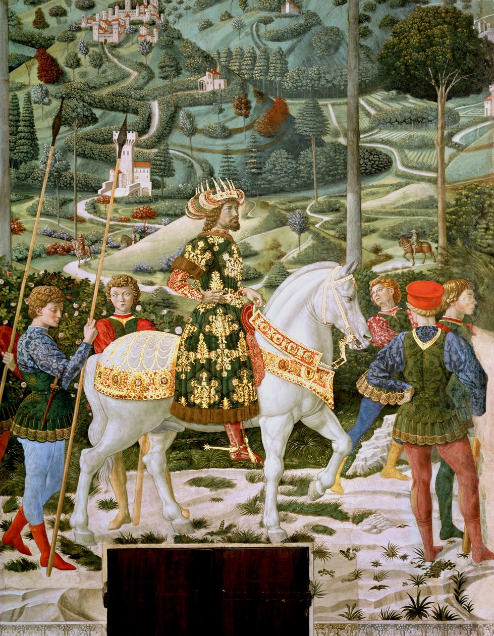 Johannes VII Palaeologus (1391-1448), östromersk kejsare, som en av de tre kungarna, detalj från cykeln med de tre vise männen i kapellet, omkring 1460. av Benozzo di Lese di Sandro Gozzoli