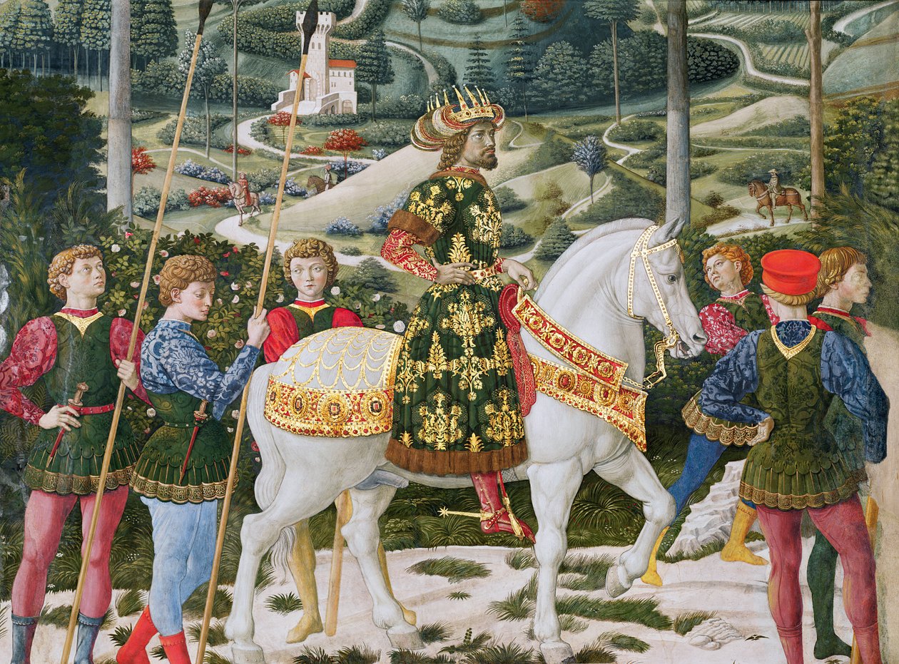 Johannes VII Palaeologus 1391-1448, östromersk kejsare, som en av de tre kungarna, detalj från cykeln Journey of the Magi i kapellet, ca 1460 freskdetalj av 70625 av Benozzo di Lese di Sandro Gozzoli
