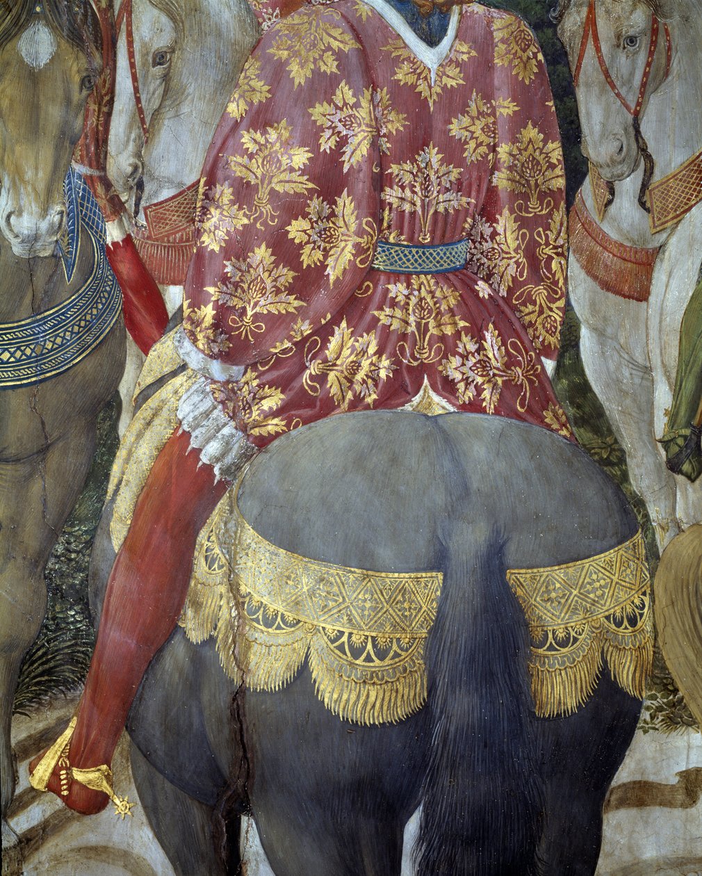 Riddare till häst i överdåd lockar, detaljer från tillbedjan av männen (fresko av Benozzo di Lese di Sandro Gozzoli