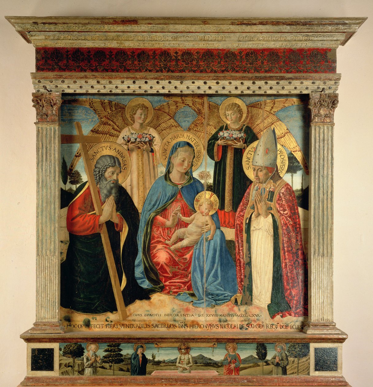 Madonna och barn med SS. Andrew och Prosper, 1466 (tempera och bladguld på panel) av Benozzo di Lese di Sandro Gozzoli