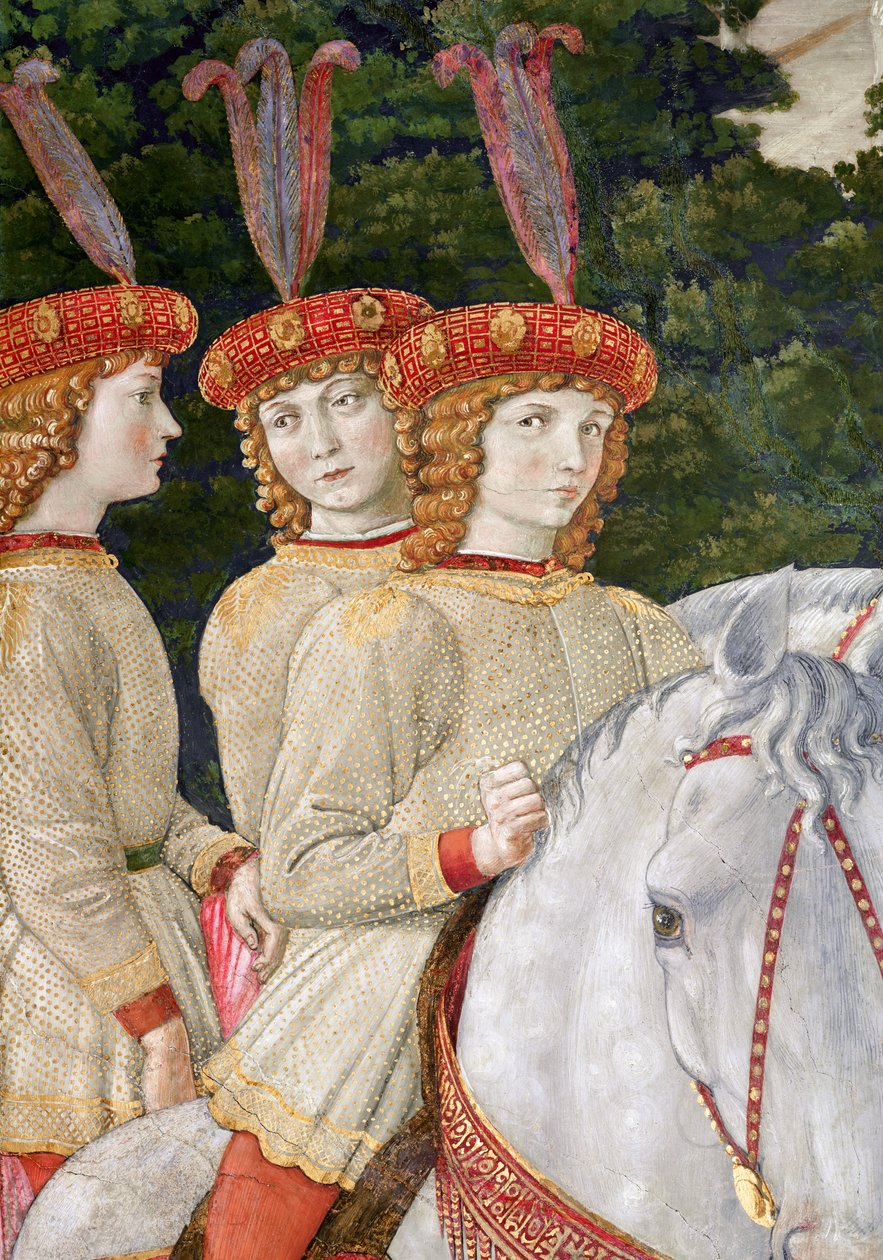 Maria (f.1460), Bianca (1461-88) och Nannina (1463-93) Medici, yngre systrar till Lorenzo (1449-92) och Giuliano (1453-78), detalj från cykeln Journey of the Magi i kapellet , ca 1460 (de av Benozzo di Lese di Sandro Gozzoli