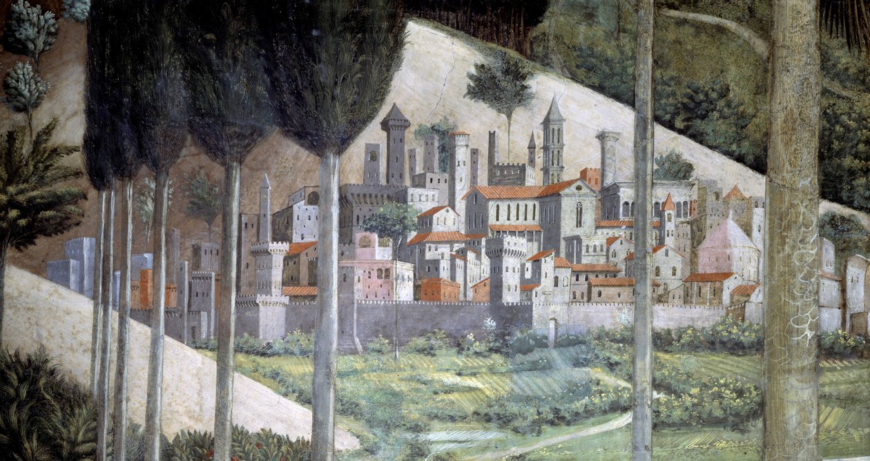 Medeltida stad, detalj ur cykeln Magiernas resa i kapellet, ca 1460 (fresk) av Benozzo di Lese di Sandro Gozzoli