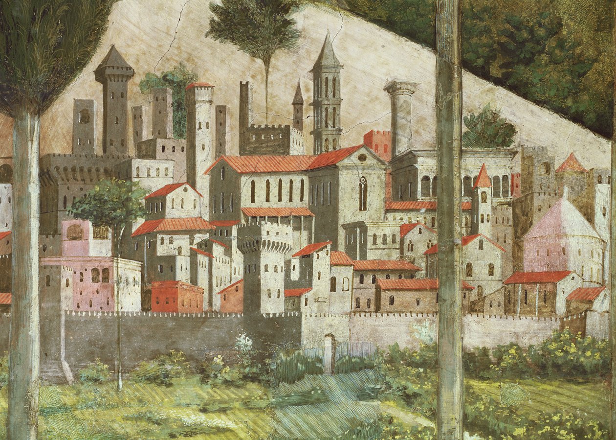 Medeltida stad, detalj från the Journey of the Magi-cykeln i kapellet, ca 1460 freskdetalj av 70610 av Benozzo di Lese di Sandro Gozzoli