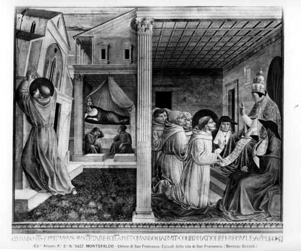 Påven Innocentius III godkänner regeln (fresk) (s/v foto) av Benozzo di Lese di Sandro Gozzoli