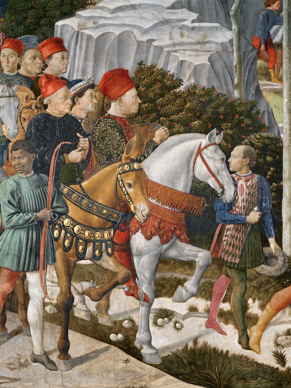 Porträtt av Piero deMedici på en mula, Cosimo de Medici centrum och hertigen Salviati på hästryggen, detalj från cykeln Journey of the Magi i kapellet, ca 1460 freskdetalj av 70619 av Benozzo di Lese di Sandro Gozzoli